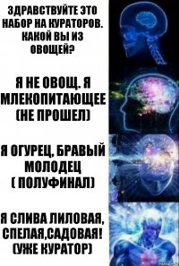 Здравствуйте это набор на кураторов. какой вы из овощей? Я не овощ. я млекопитающее
(не прошел) Я огурец, бравый молодец
( полуфинал) Я слива лиловая, спелая,садовая!
(уже куратор)