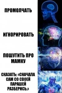 Промолчать Игнорировать Пошутить про мамку Сказать: «Сначала сам со своей парашей разберись.»