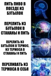 Пить пиво в поезде из бутылок Перелить из бутылок в стаканы и пить Перелить из бутылок в термос, из термоса в стаканы и пить Переливать из термоса в себя