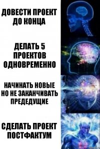 Довести проект до конца делать 5 проектов одновременно начинать новые но не заканчивать предедущие сделать проект постфактум