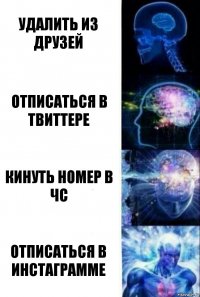 Удалить из друзей Отписаться в твиттере Кинуть номер в чс Отписаться в инстаграмме