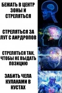 Бежать в центр зоны и стреляться Стреляться за лут с аирдропов Стреляться так, чтобы не выдать позицию Забить чела кулаками в кустах