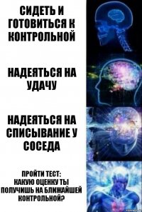 Сидеть и готовиться к контрольной Надеяться на удачу Надеяться на списывание у соседа Пройти тест:
Какую оценку ты получишь на ближайшей контрольной?