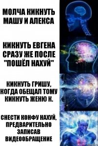 Молча кикнуть Машу и Алекса Кикнуть Евгена сразу же после "Пошёл нахуй" Кикнуть Гришу, когда обещал тому кикнуть Женю К. СНЕСТИ КОНФУ НАХУЙ, ПРЕДВАРИТЕЛЬНО ЗАПИСАВ ВИДЕООБРАЩЕНИЕ