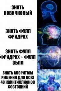 Знать новичковый Знать фулл фридрих Знать фулл фридрих + фулл зблл Знать алоритмы решения для всех 43 квинтиллионов состояний