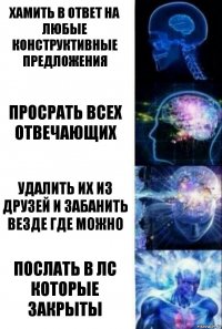 хамить в ответ на любые конструктивные предложения просрать всех отвечающих удалить их из друзей и забанить везде где можно послать в ЛС которые закрыты