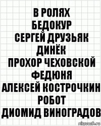 В ролях
Бедокур
Сергей Друзьяк
Динёк
Прохор Чеховской
Федюня
Алексей Кострочкин
Робот
Диомид Виноградов