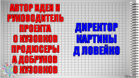 автор идеи и руководитель проекта
О Кузовков
продюсеры
А Добрунов
О Кузовков директор картины
Д Ловейко