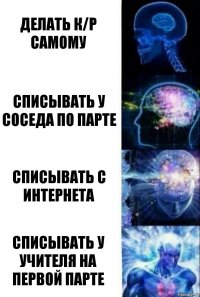 Делать к/р самому Списывать у соседа по парте Списывать с интернета Списывать у учителя на первой парте