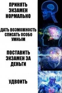 Принять экзамен нормально Дать возможность списать особо умным Поставить экзамен за деньги Удвоить