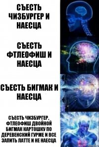 Съесть Чизбургер и наесца Съесть Фтлеофиш и наесца Съесть Бигмак и наесца Съесть Чизбургер, Фтлеофиш двойной Бигмак картошку по деревенский ГУРМЕ и все запить Латте и не наесца