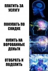 Платить за услугу Покупать по скидке Купить на ворованные деньги Отобрать и поделить