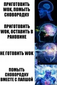 Приготовить WOK, помыть сковородку Приготовить WOK, оставить в раковине Не готовить WOK Помыть сковородку вместе с лапшой