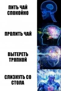 Пить чай спокойно Пролить чай Вытереть тряпкой Слизнуть со стола