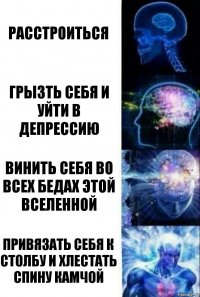 Расстроиться Грызть себя и уйти в депрессию Винить себя во всех бедах этой вселенной Привязать себя к столбу и хлестать спину камчой