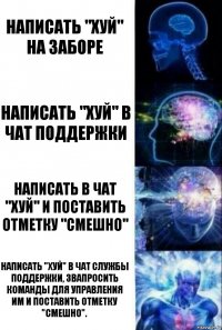 Написать "хуй" на заборе Написать "хуй" в чат поддержки Написать в чат "Хуй" и поставить отметку "смешно" Написать "хуй" в чат службы поддержки, звапросить команды для управления им и поставить отметку "смешно".