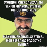 угондон! слух слыхал. ты senior financial systems officer buisiness planning financial systems... мой верблюд радостно пукнул!