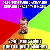 10:00 коли мала сказала що вона ща вийде а ти її ждеш 22:00 мала ти ще довго (ща ще 5 минут)