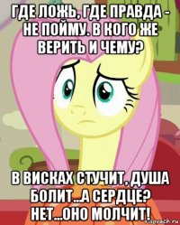 где ложь, где правда - не пойму. в кого же верить и чему? в висках стучит, душа болит...а сердце? нет...оно молчит!