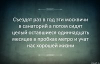 Съездят раз в год эти москвичи в санаторий а потом сидят целый оставшиеся одиннадцать месяцев в пробках метро и учат нас хорошей жизни