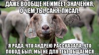 даже вообще не имеет значения, о чём ты, саня, писал, я рада, что андрею рассказала, что повод был, мы не для тебе общаемся