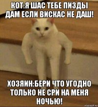 кот:я шас тебе пизды дам если вискас не даш! хозяин:бери что угодно только не сри на меня ночью!