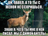 ой, павел, а то ты с женой не ссоришься, знаю я, чего ты мне о ней писал, мы с димой ангелы