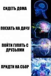 сидеть дома поехать на дачу пойти гулять с друзьями Придти на сбор