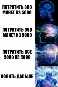 Потратить 300 монет из 5000 Потратить 900 монет из 5000 Потратить все 5000 из 5000 Копить дальше