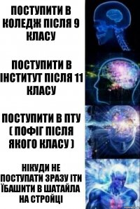 Поступити в коледж після 9 класу Поступити в інститут після 11 класу Поступити в ПТУ ( пофіг після якого класу ) Нікуди не поступати зразу іти їбашити в Шатайла на стройці