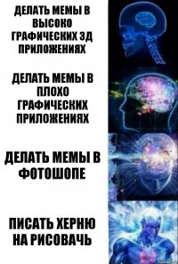 Делать мемы в высоко графических 3д приложениях Делать мемы в плохо графических приложениях Делать мемы в фотошопе Писать херню на рисовачь