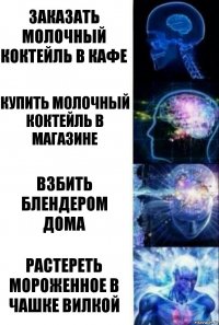 Заказать молочный коктейль в кафе Купить молочный коктейль в магазине Взбить блендером дома Растереть мороженное в чашке вилкой