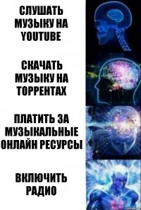 Слушать музыку на YouTube Скачать музыку на торрентах Платить за музыкальные онлайн ресурсы Включить радио