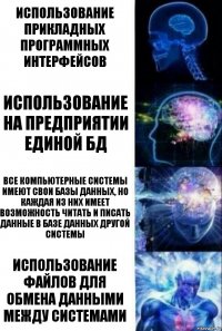 использование прикладных программных интерфейсов использование на предприятии единой бд все компьютерные системы имеют свои базы данных, но каждая из них имеет возможность читать и писать данные в базе данных другой системы использование файлов для обмена данными между системами