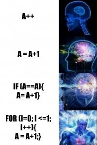 a++ a = a+1 if (a==a){
a= a+1} for (i=0; i <=1; i++){
a = a+1;}