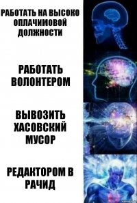 Работать на высоко оплачимовой должности Работать волонтером Вывозить хасовский мусор Редактором в Рачид