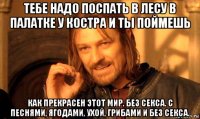 тебе надо поспать в лесу в палатке у костра и ты поймешь как прекрасен этот мир. без секса. с песнями, ягодами, ухой, грибами и без секса.