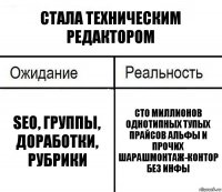 Стала техническим редактором SEO, группы, доработки, рубрики Сто миллионов однотипных тупых прайсов Альфы и прочих шарашмонтаж-контор без инфы