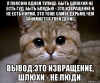 я поясню одной тупице: быть шлюхой не есть гуд, быть блядью - это извращение и не есть норма. это тоже самое дерьмо,чем занимается твой денис вывод:это извращение, шлюхи - не люди.