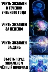 Учить экзамен в течении учебного года Учить экзамен за неделю Учить экзамен за день Съесть перед экзаменом чёрный шоколад