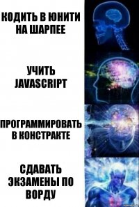 Кодить в Юнити на шарпее Учить javascript Программировать в констракте Сдавать экзамены по ворду