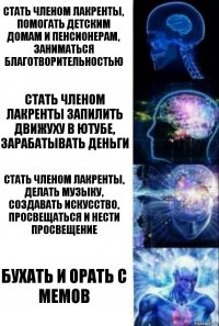 Стать членом лакренты, помогать детским домам и пенсионерам, заниматься благотворительностью Стать членом лакренты запилить движуху в ютубе, зарабатывать деньги Стать членом лакренты, делать музыку, создавать искусство, просвещаться и нести просвещение Бухать и орать с мемов