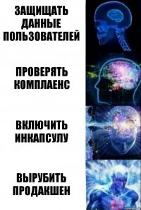 Защищать данные пользователей Проверять комплаенс Включить инкапсулу Вырубить продакшен