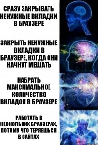 Сразу закрывать ненужные вкладки в браузере Закрыть ненужные вкладки в браузере, когда они начнут мешать Набрать максимальное количество вкладок в браузере Работать в нескольких браузерах, потому что теряешься в сайтах