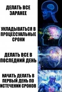 Делать все заранее Укладываться в процессуальные сроки Делать все в последний день Начать делать в первый день по истечении сроков