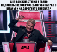 шел бомж наступил в гавно подскользнулся разьебал губу насраз в штаны и на дорогу кто виноват ? Арча