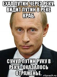 ехал путин через реку. видит путин в реке краб. сунул путин руку в реку - оказалось отраженье.