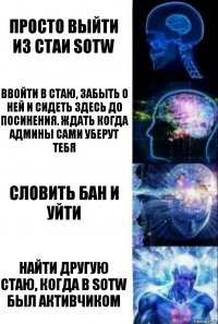 Просто выйти из стаи SOTW Ввойти в стаю, забыть о ней и сидеть здесь до посинения. Ждать когда админы сами уберут тебя Словить бан и уйти Найти другую стаю, когда в SOTW был активчиком