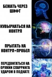 Бежать через шифт Кувыркаться на контрл Прыгать на контрл+пробел Передвигаться на оружии спарринга ударом в подкате