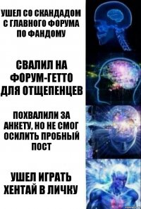 Ушел со скандадом с главного форума по фандому Свалил на форум-гетто для отщепенцев Похвалили за анкету, но не смог осилить пробный пост Ушел играть хентай в личку